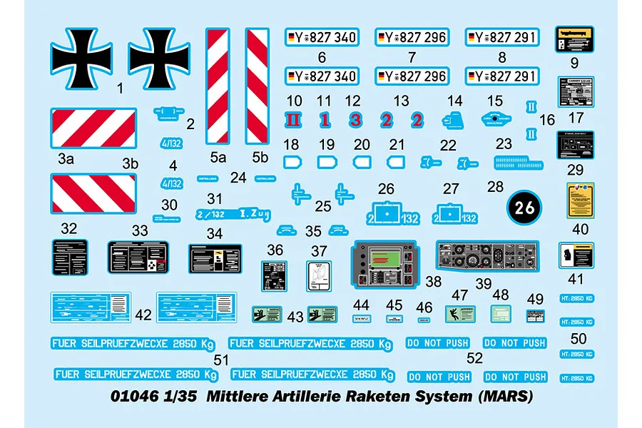 A sheet of waterslide decals for a 1/35 scale Trumpeter MARS military vehicle model kit, featuring various markings, warning labels, and license plates.