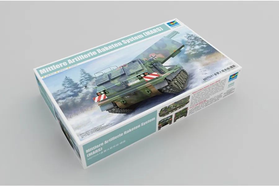 Trumpeter 1/35 scale model kit box for the Mittlere Artillerie Raketen System (MARS) M270/A1, featuring box art of the vehicle in a snowy landscape.