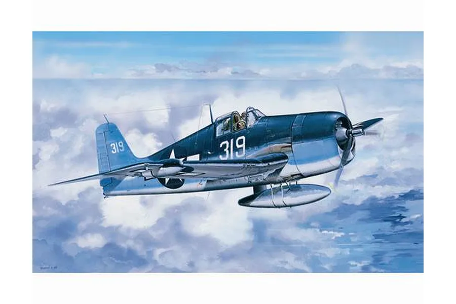 Box art illustration of a dark blue F6F Hellcat fighter plane flying above clouds, marked with the number 319 on the fuselage and tail.