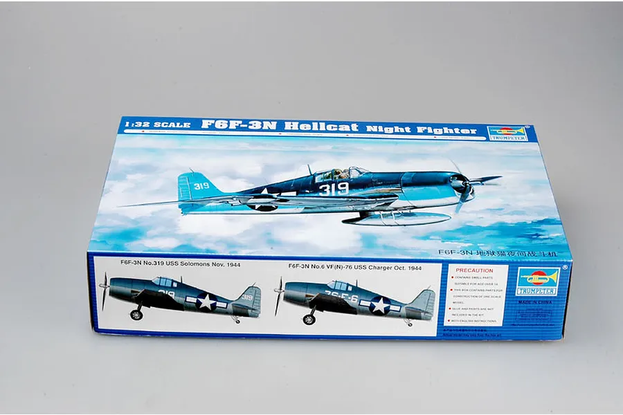 Trumpeter 1/32 scale F6F-3N Hellcat Night Fighter model kit box showing artwork of the aircraft in flight and two side profiles.