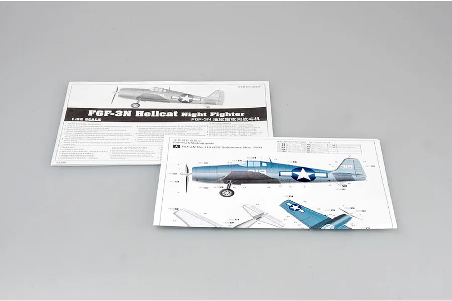 Instruction manuals for the Trumpeter 1/32 scale F6F-3N Hellcat Night Fighter model kit, showing assembly and painting guides.