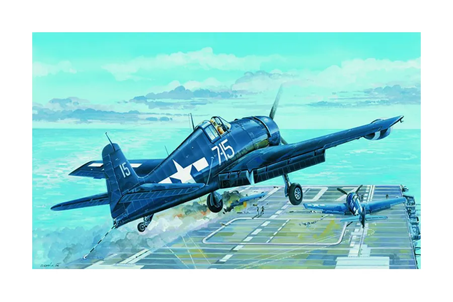 Box art illustration of a dark blue F6F Hellcat fighter plane landing on an aircraft carrier deck with another plane visible in the background.