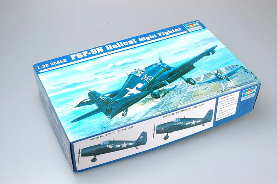Trumpeter 1/32 scale F6F-5N Hellcat Night Fighter model kit box showing artwork of the aircraft on an aircraft carrier deck.