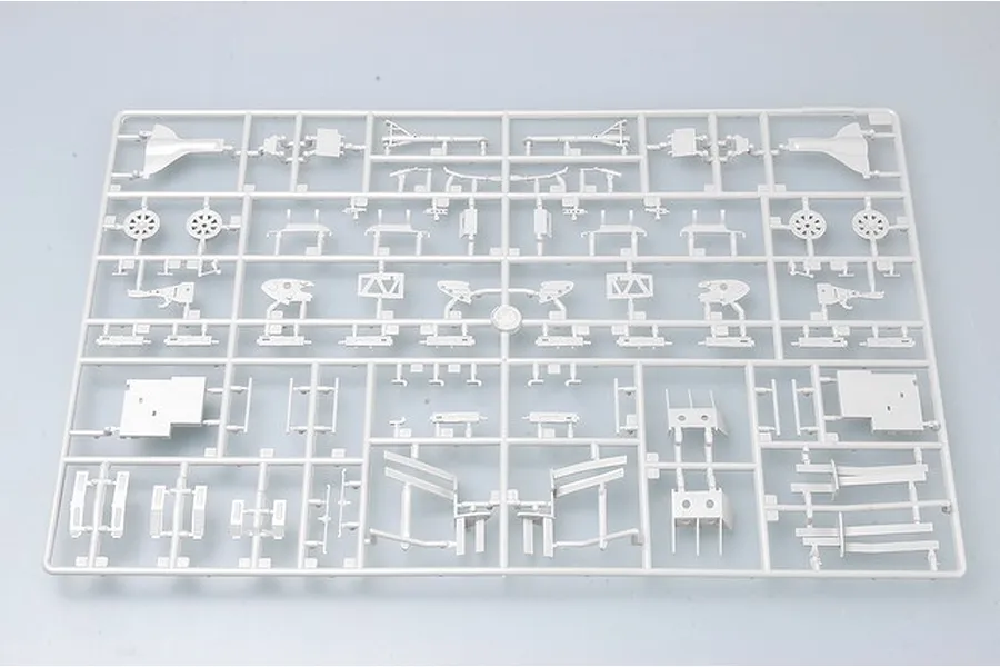 A grey plastic sprue containing various unpainted model aircraft parts for a Trumpeter 1/32 scale F6F-5N Hellcat kit.