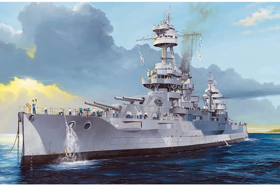 An artistic illustration of the USS New York BB-34 battleship at sea, showing the hull, deck, and superstructure under a cloudy sky.