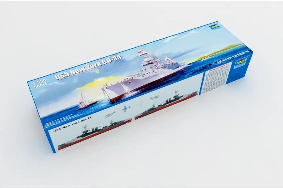 Trumpeter 1/350 scale USS New York BB-34 battleship plastic model kit box, showing box art of the ship at sea.