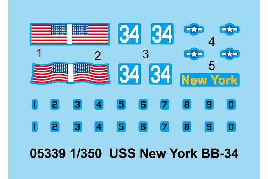 A decal sheet for a 1/350 scale USS New York BB-34 model kit, featuring US flags, hull numbers, aircraft insignia, and text labels on a light blue background.