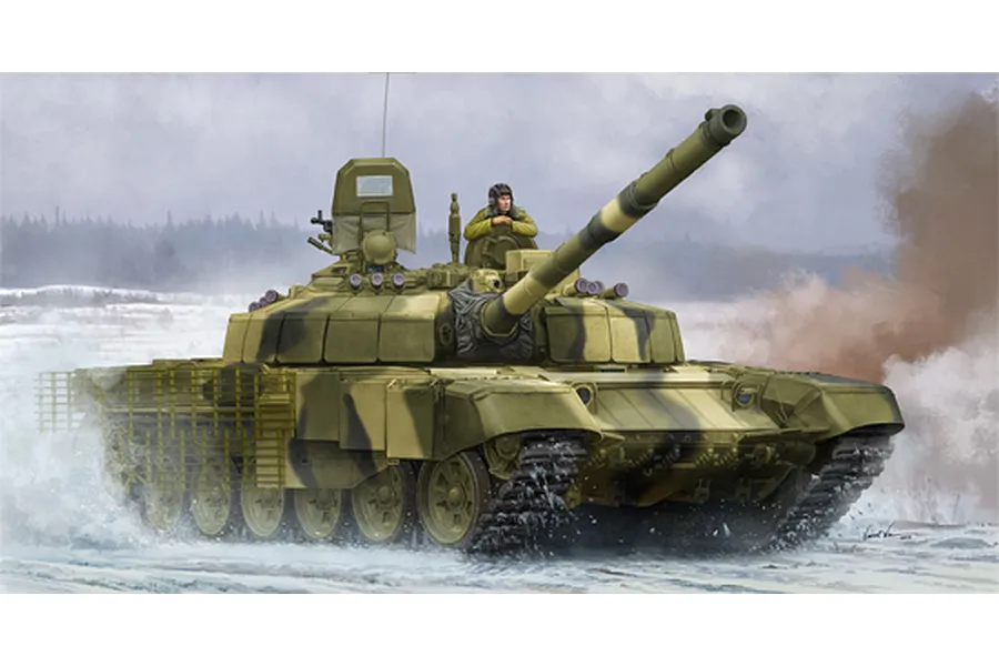 Box art illustration of a Russian T-72B2 main battle tank driving through a snowy landscape with a crew member visible in the hatch.