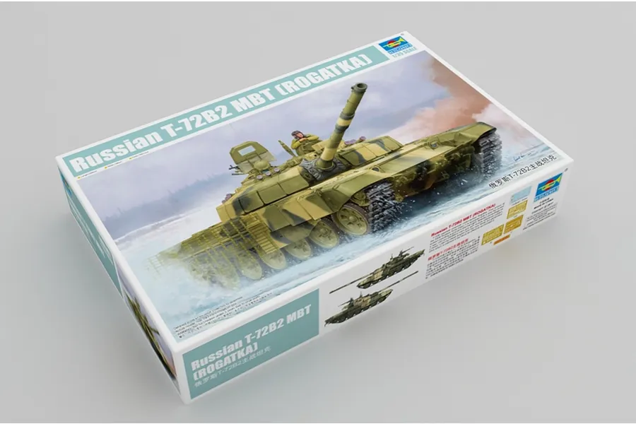 Trumpeter 1/35 scale Russian T-72B2 MBT Rogatka plastic model kit box showing artwork of the tank in a snowy environment.