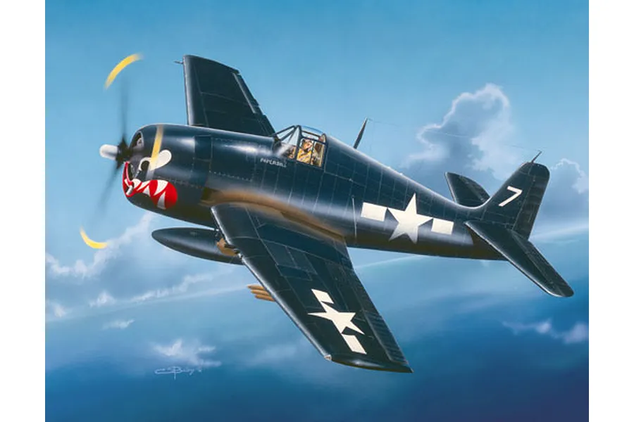 An artistic illustration of a dark blue F6F-5 Hellcat fighter plane with shark mouth nose art flying through a cloudy blue sky.
