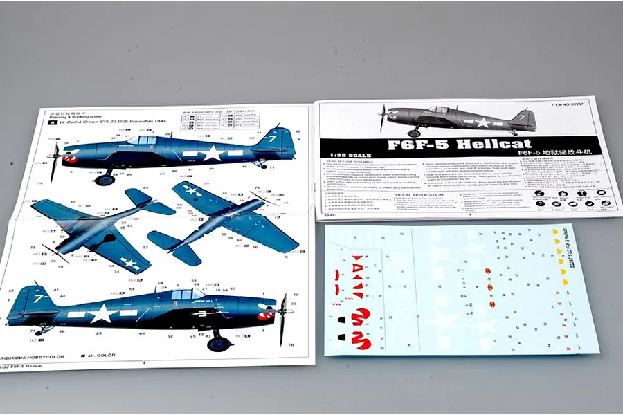 Instruction manual and decal sheet for the Trumpeter 1/32 scale F6F-5 Hellcat model kit, showing painting guides and assembly information.