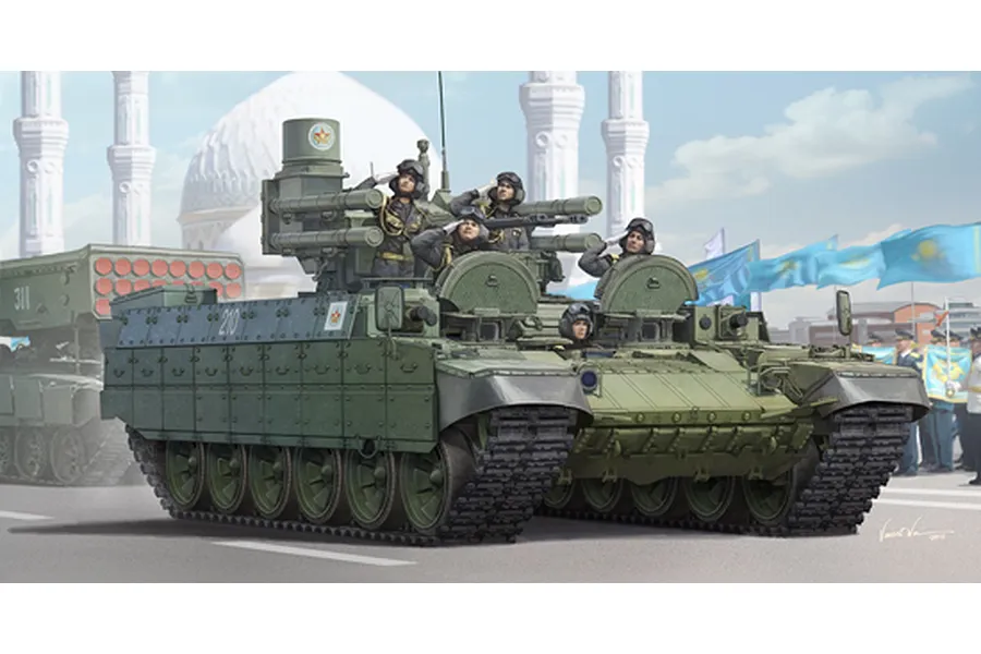 Box art illustration for a 1/35 scale Trumpeter BMPT Terminator model kit showing two green military tanks with crew members saluting in a parade.