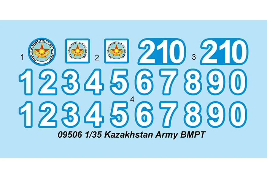 A decal sheet for a 1/35 scale Kazakhstan Army BMPT model kit, featuring national emblems and sets of numbers against a light blue background.