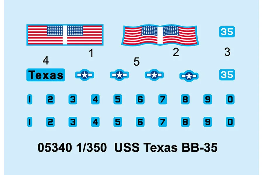 A decal sheet for the Trumpeter 1/350 USS Texas BB-35 model kit, featuring US flags, the name Texas, aircraft insignia, and various numbers.