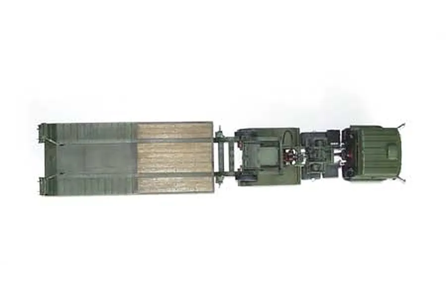 Top-down view of a 1/35 scale model of a Chinese 50-ton tank transporter truck and trailer, painted in military green.
