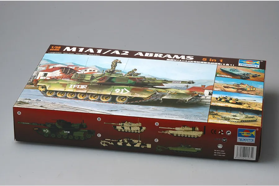 Trumpeter 1/35 scale M1A1/A2 Abrams 5-in-1 plastic model tank kit box showing box art of the tank and various build options.