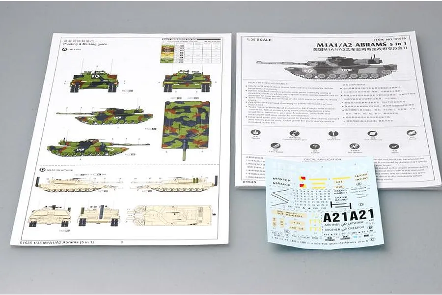 Instruction manual and decal sheet for the Trumpeter 1/35 M1A1/A2 Abrams model kit, showing painting guides and assembly diagrams.