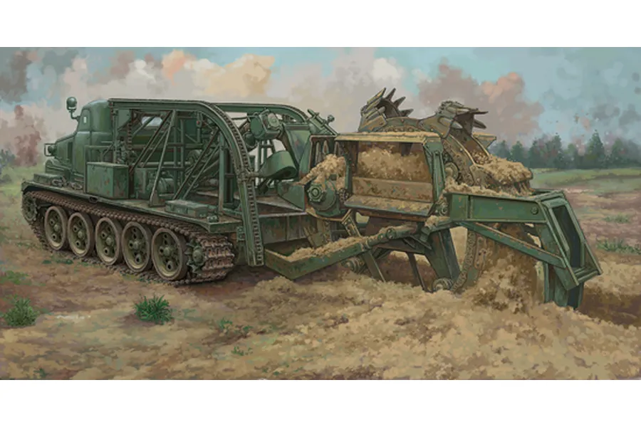 Box art illustration of a green BTM-3 high-speed trench digger vehicle operating in a field.