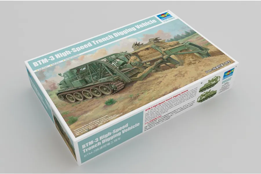 Trumpeter 1/35 scale BTM-3 High Speed Trench Digging Vehicle plastic model kit box, featuring box art of the vehicle in action.