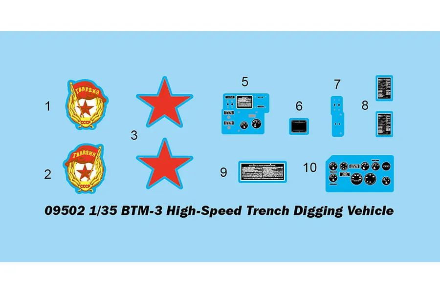 A decal sheet for a 1/35 scale Trumpeter BTM-3 High-Speed Trench Digging Vehicle model kit, featuring Soviet-style emblems, red stars, and instrument panels.