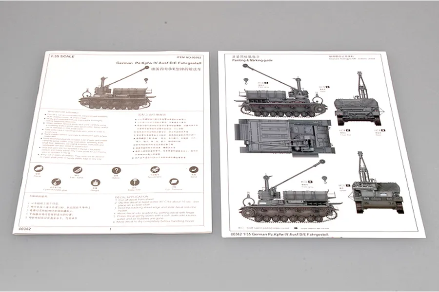 Two pages of the Trumpeter 1/35 German Pz.Kpfw IV Ausf D/E Fahrgestell model kit instruction manual showing assembly and painting guides.