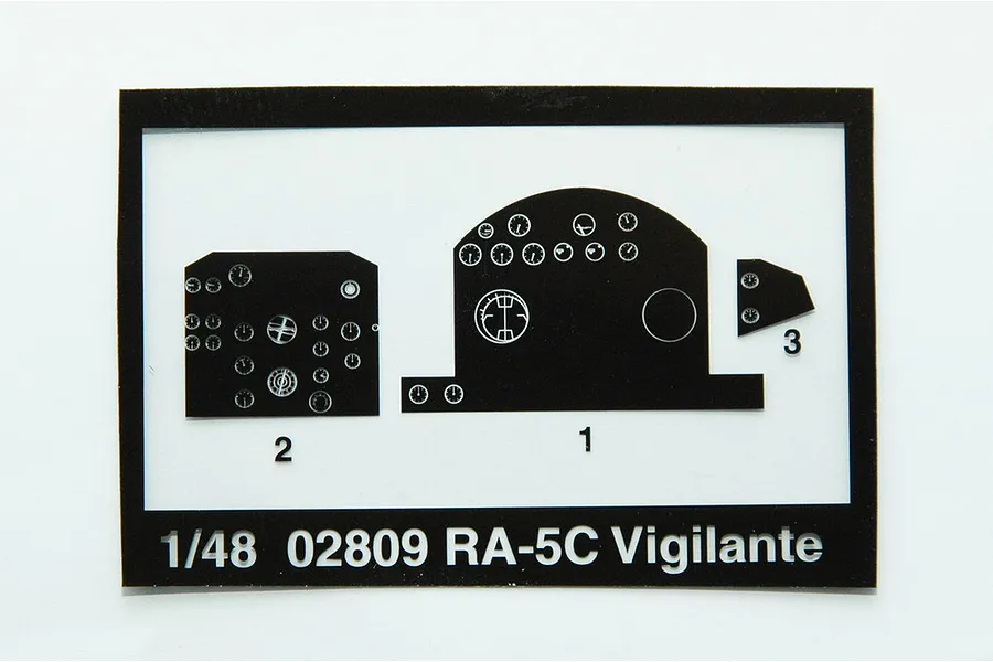 A decal sheet for a 1/48 scale Trumpeter RA-5C Vigilante model kit, showing instrument panel layouts labeled 1, 2, and 3.