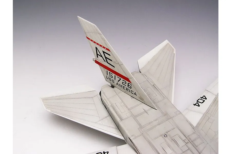 Close-up of the tail section of a 1/48 scale RA-5C Vigilante model aircraft, showing detailed panel lines and markings.