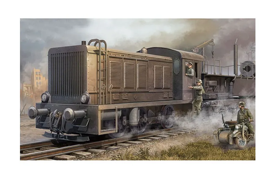 Box art illustration of a German WR 360 C12 locomotive with soldiers and a motorcycle sidecar in a war-torn setting.