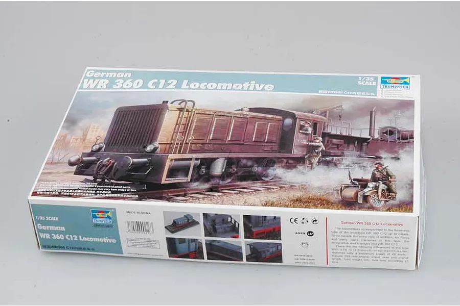 Trumpeter 1/35 scale German WR 360 C12 Locomotive plastic model kit box showing artwork of the train and a sidecar motorcycle.