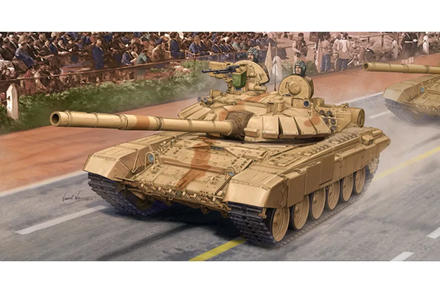 An artistic illustration of an Indian T-90S main battle tank driving on a road during a parade with spectators in the background.