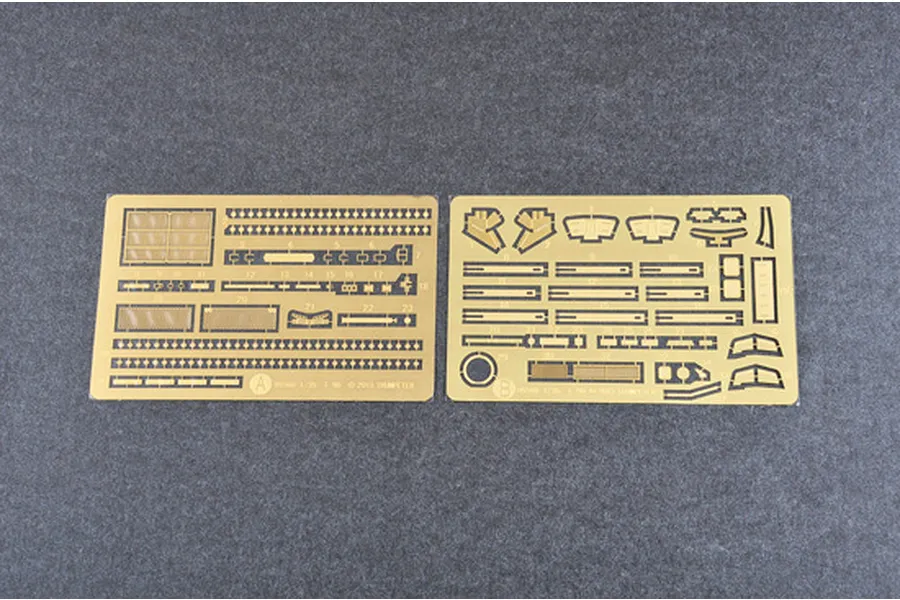 Two photo-etched brass detail sheets for a 1/35 scale model kit, labeled A and B, featuring various small parts for assembly.