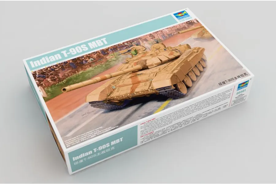 A product box for a Trumpeter 1/35 scale Indian T-90S Main Battle Tank plastic model kit, featuring an illustration of the tank on the cover.