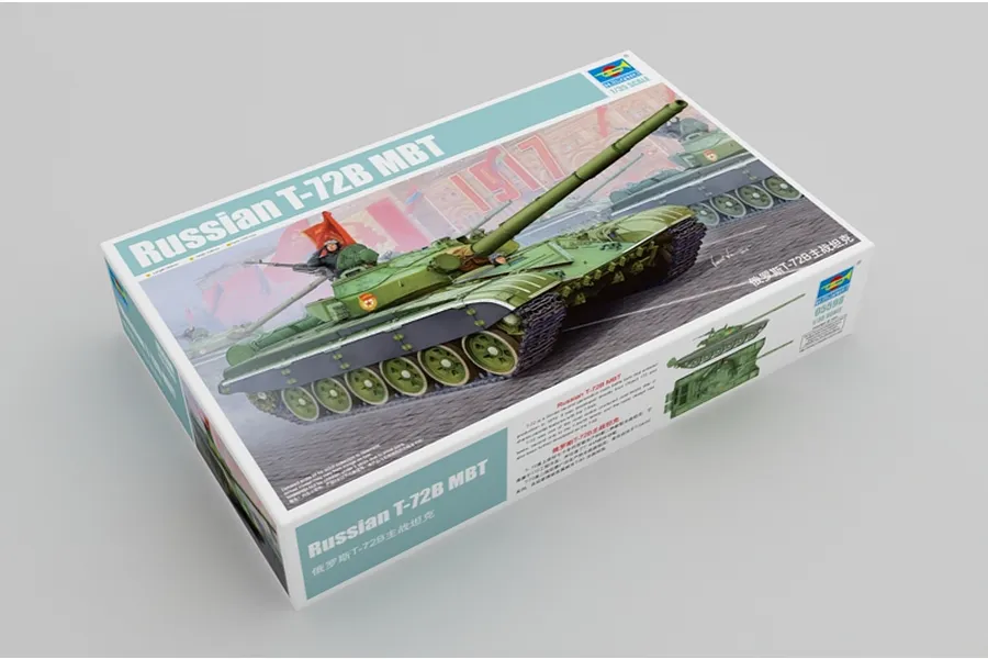 A box for a Trumpeter 1/35 scale Russian T-72B Main Battle Tank plastic model kit, featuring box art of the tank on a neutral background.