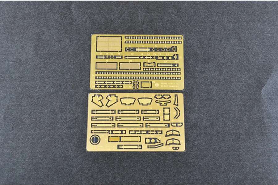 Two photo-etched brass detail sheets for a 1/35 scale model kit, featuring various small parts for assembly.