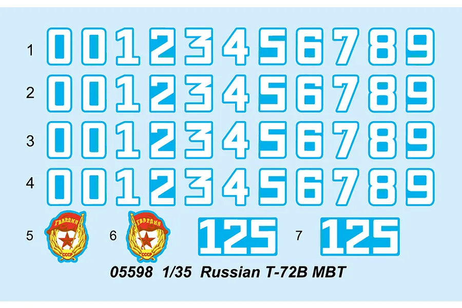 A decal sheet for a 1/35 scale Russian T-72B model tank, featuring rows of numbers and two Soviet Guards emblems on a light blue background.