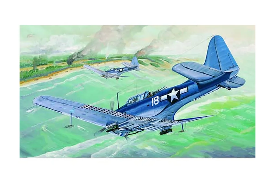 Box art illustration of two SBD Dauntless dive bombers flying over a coastal landscape with smoke in the background.