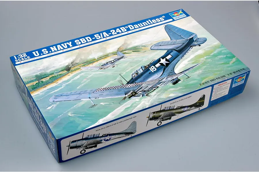 Trumpeter 1/32 scale U.S. Navy SBD-5/A-24B Dauntless model kit box featuring artwork of the aircraft in flight over a coastline.