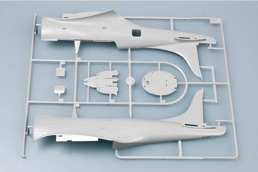 A grey plastic model aircraft fuselage sprue for a 1/32 scale Trumpeter Dauntless model kit.