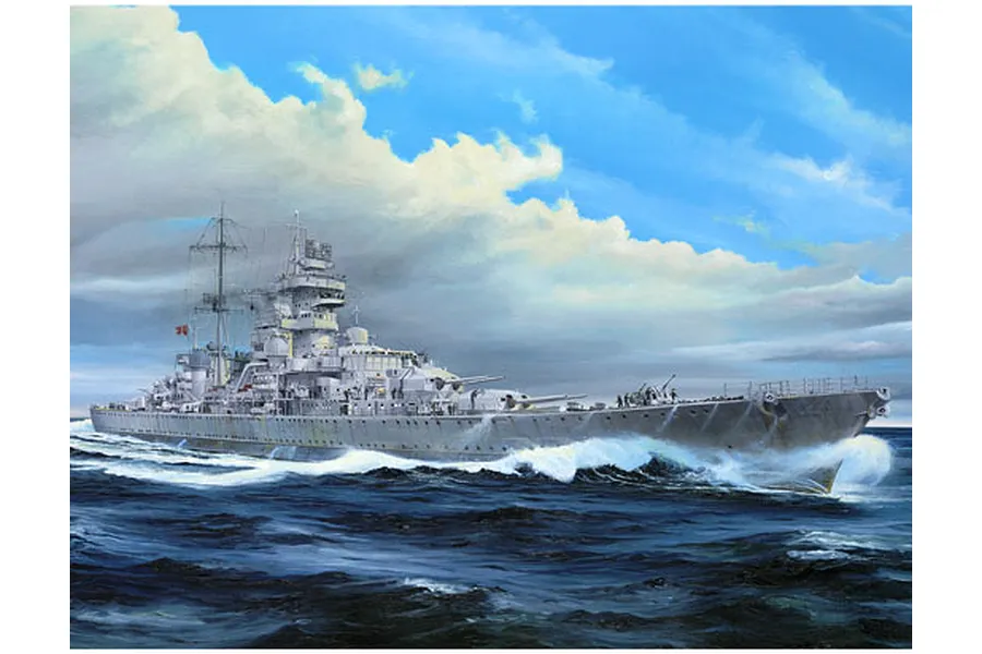 An artistic illustration of the German heavy cruiser Prinz Eugen sailing through choppy blue seas under a cloudy sky.