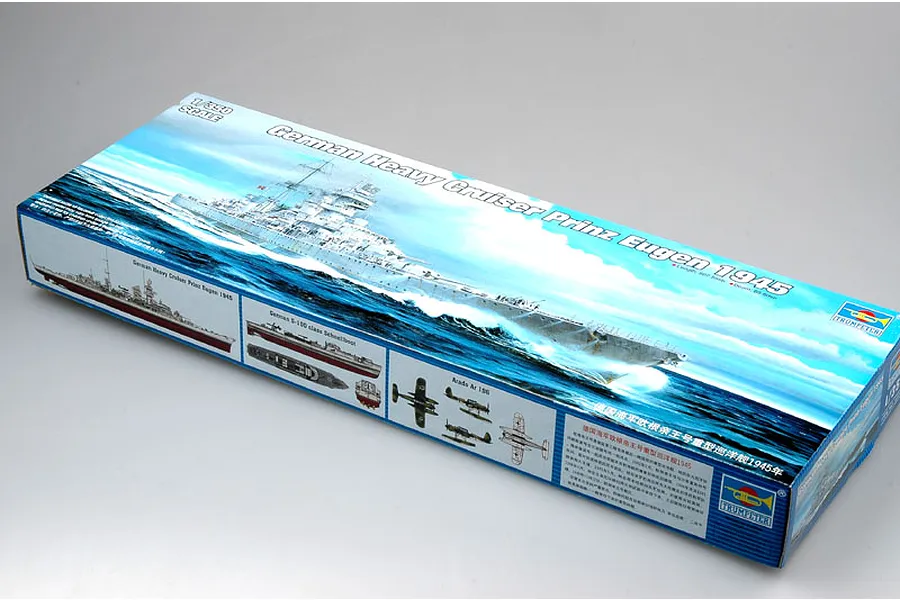 Trumpeter 1/350 scale German Heavy Cruiser Prinz Eugen 1945 plastic model kit box, showing artwork of the ship at sea.