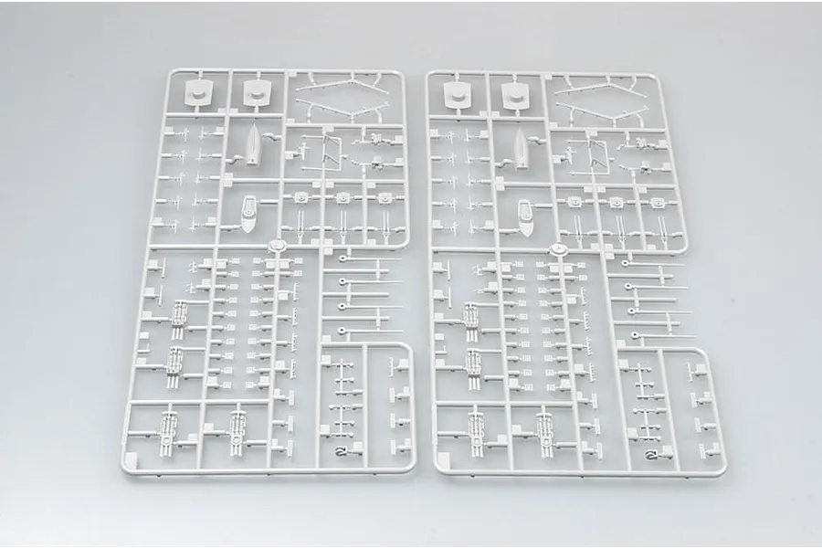 Two identical grey plastic model kit sprues containing various small ship parts for a 1/350 scale model.