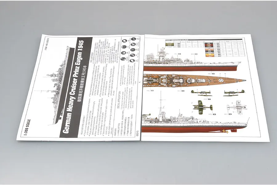 Instruction manual for Trumpeter 1/350 scale German Heavy Cruiser Prinz Eugen 1945 model kit, showing assembly diagrams and paint reference charts.