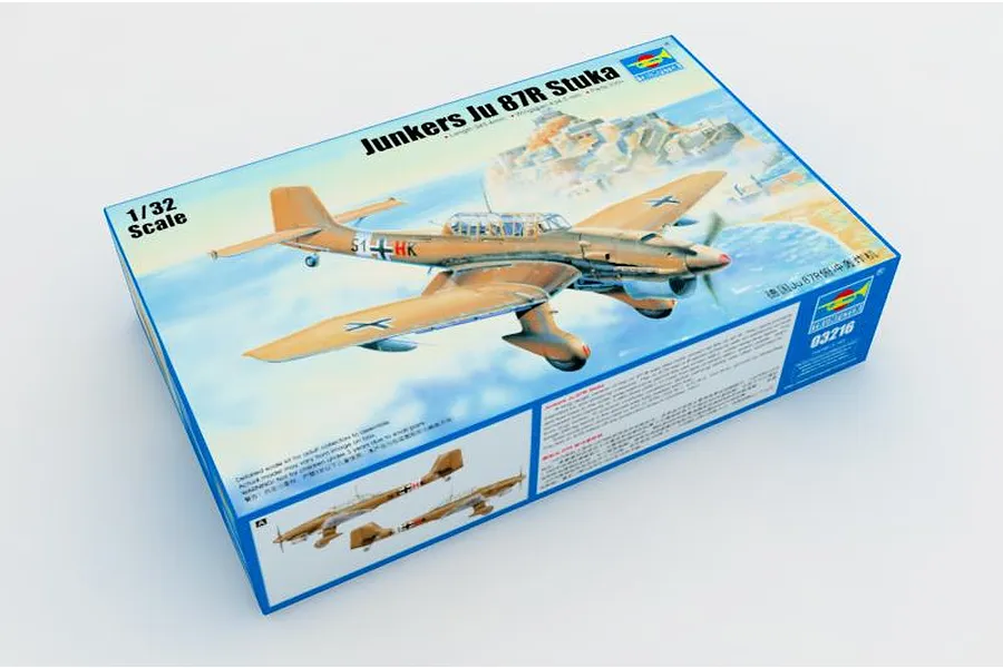 Trumpeter 1/32 scale Junkers Ju-87R Stuka model kit box showing artwork of the aircraft in flight over a coastal landscape.