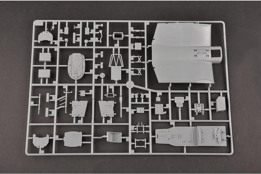A grey plastic sprue from a Trumpeter 1/32 scale Junkers Ju-87R Stuka model kit, featuring various aircraft interior and fuselage components.