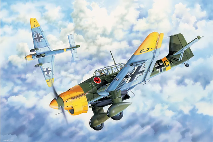 Box art illustration of two Junkers Ju-87 Stuka dive bombers flying through a cloudy sky.