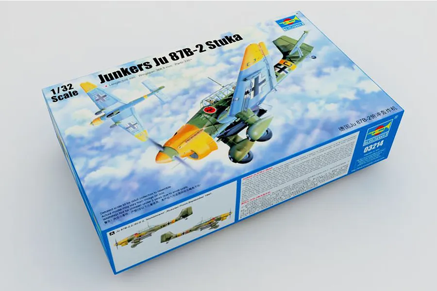 Trumpeter 1/32 scale Junkers Ju-87B-2 Stuka model kit box showing artwork of two Stuka dive bombers in flight against a cloudy sky.