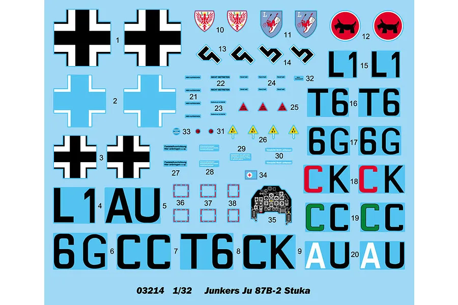 A decal sheet for a 1/32 scale Trumpeter Junkers Ju-87B-2 Stuka model kit, featuring various national insignia, squadron markings, and technical stencils.