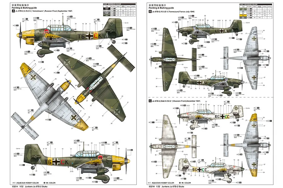 A painting and marking guide for a Trumpeter 1/32 scale Junkers Ju-87B-2 Stuka model kit, showing various camouflage schemes and decal placements.