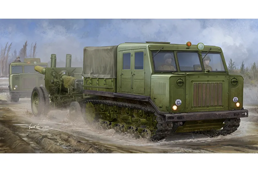 Digital illustration of a green Russian AT-S artillery tractor towing a 152mm howitzer through a muddy field with another tractor visible in the background.
