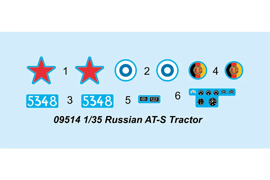 A decal sheet for the Trumpeter 1/35 Russian AT-S Tractor model kit, featuring red stars, roundels, numbers, and dashboard gauges.